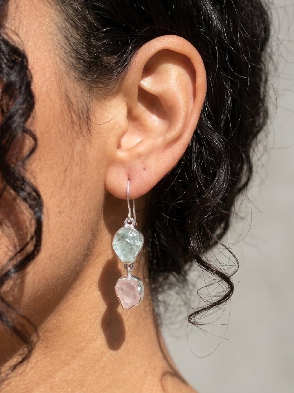 Raw Aquamarine and Rose Quartz Drop Earrings, Sterling Silver